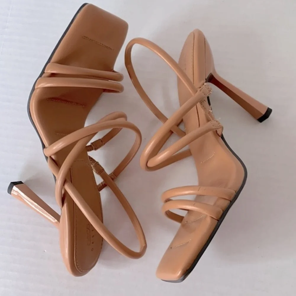 ASOS DESIGN strappy heeled sandals in camel, size 11